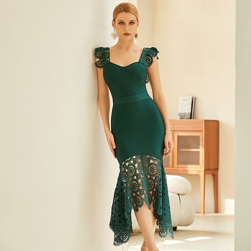 

Casual Dresses High Quality Green Sexy Spaghetti Strap Lace Sleeveless Bandage Women Midi Bodycon Club Celebrity Runway Party e TC