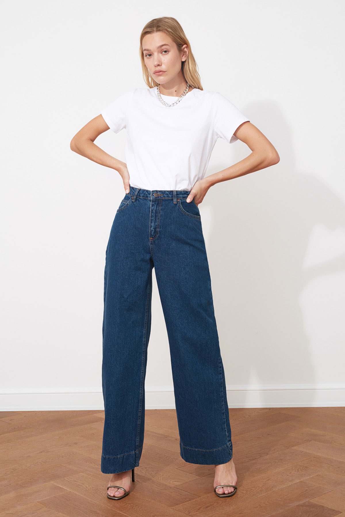 

2021trendyol trotting detailed high bel wide leg jeans twoss20je0148 wide jeans casual denim outerwear blue streetwear vintage pants