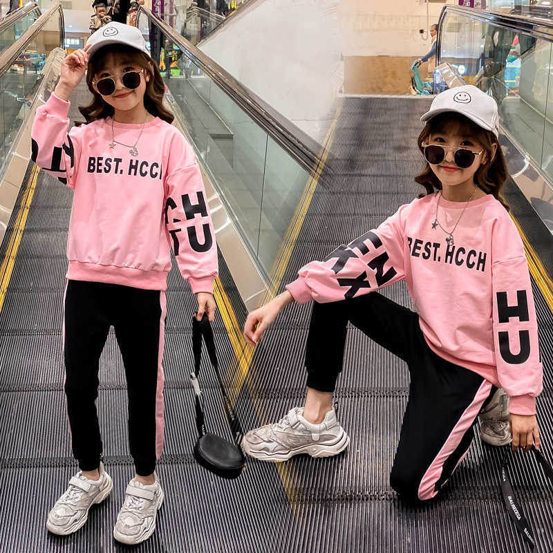 

Fashion Kids Girl Clothing 4 6 8 10 12 Year Old Spring Autumn New Sports Two-Piece Outfits Children's College Wind Leisure Set X0902, White
