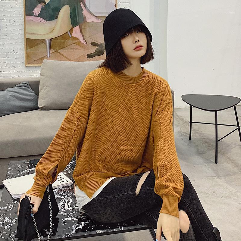 

Women's Sweaters 2021 Knit Sweater Women Autumn Side Split Solid Color Hollow Round Neck Pullover Wool, Blue