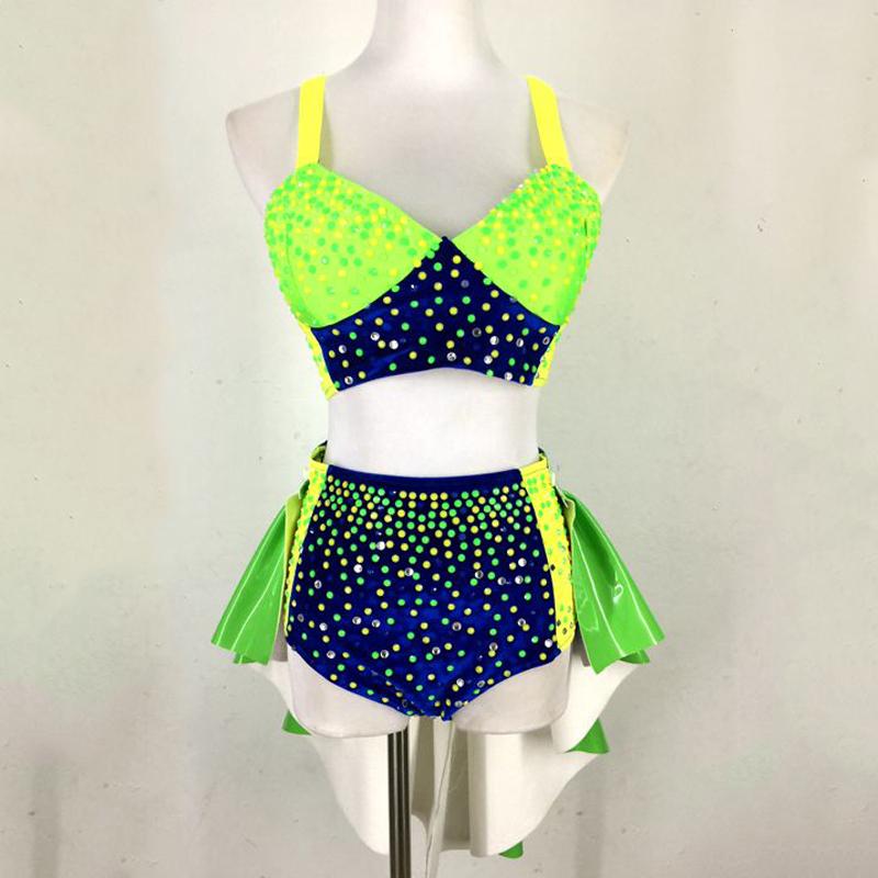 

Stage Wear Fluorescent Green Rhinestone Bikini Sexy Nightclub DJ Dancer Rave Outfits Women Gogo Jazz Dancing Performance VDB4045, Bra-pant-skirt