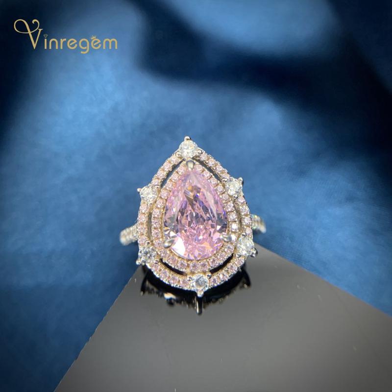 

Cluster Rings Vinregem 100% 925 Sterling Silver Pear Cut Pink Sapphire Gemstone Wedding Party Romantic Cute Women Fine Jewelry Wholesale, Golden;silver