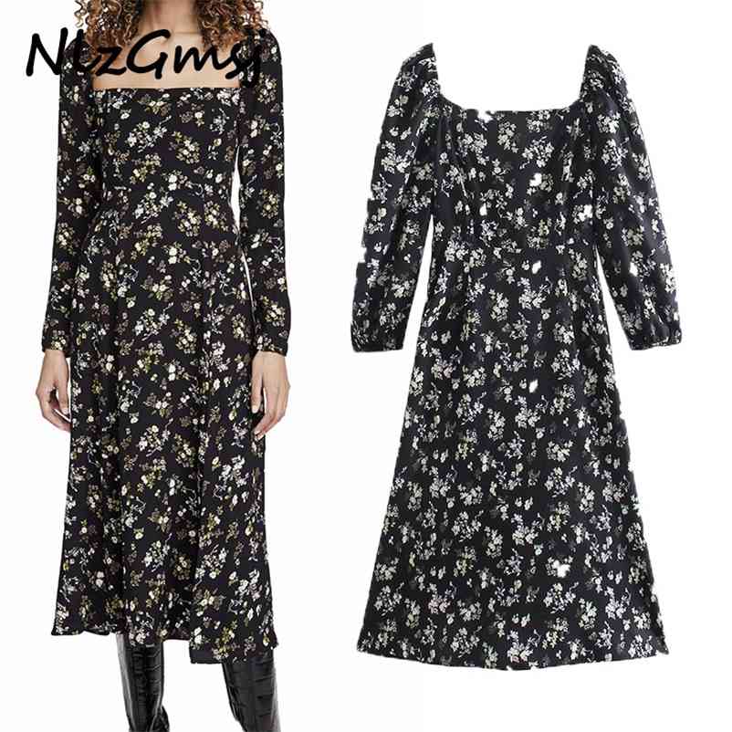 

Dres Sexy Square Collar Party es Long Sleeve Midi Floral Printing Elegant Vestidos 210628, As picture