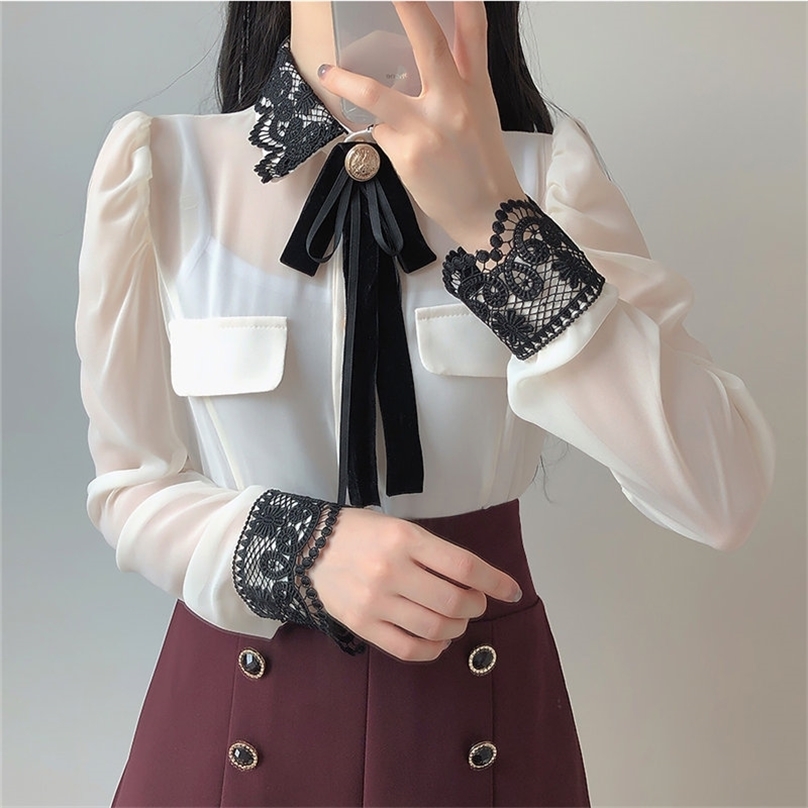 

Patchwork Lace Pleated Girls Elegance All Match Gentle Chic Office Lady Blouses Large Size High Quality Shirts 210525, White