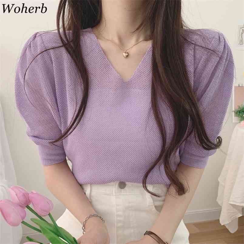 

Summer Thin Short Sleeve Knitted Sweater Women Korean Chic Candy Color V-neck Pullover Elegant Solid Casual Tops 210519, Orange
