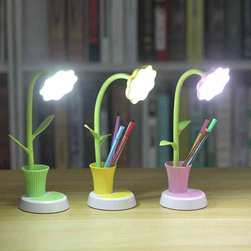 

USB Chargeable LED Table Lamp 2 In 1 Sun Flower LED Desk Lamp with Pen Holder Children Reading Learning Eye Protect Night Light W220311
