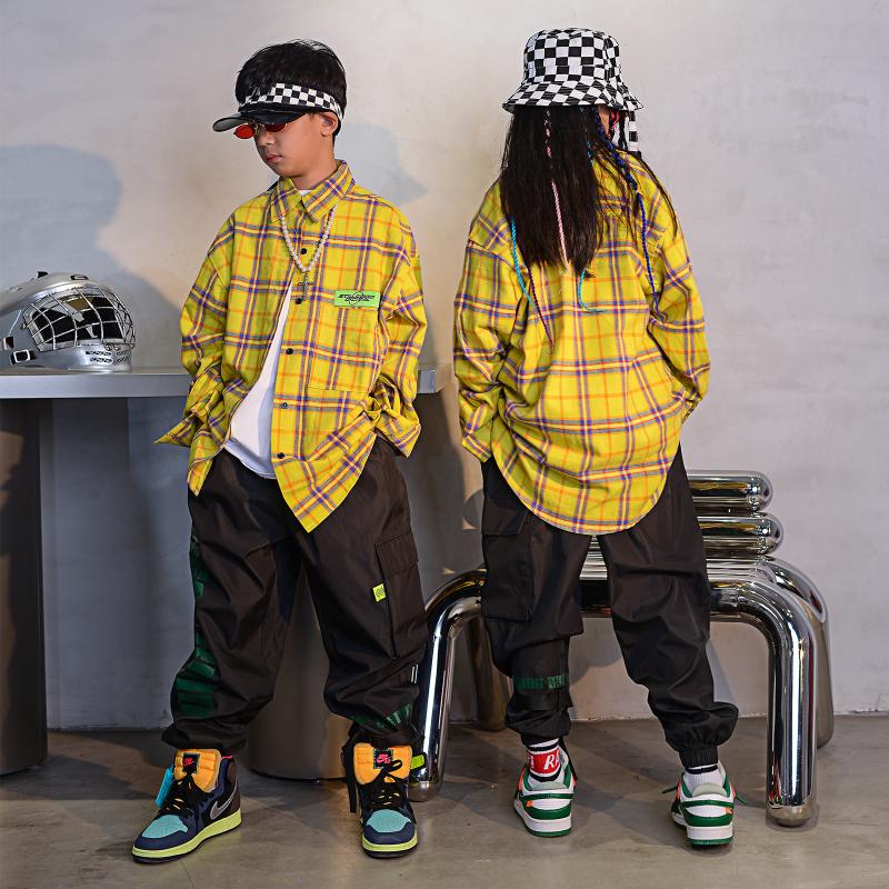 

Stage Wear Children'S Hip Hop Dance Costumes Yellow Plaid Shirt Black Loose Pants Girls Jazz Street Performance DQS7985, Black t-shirt