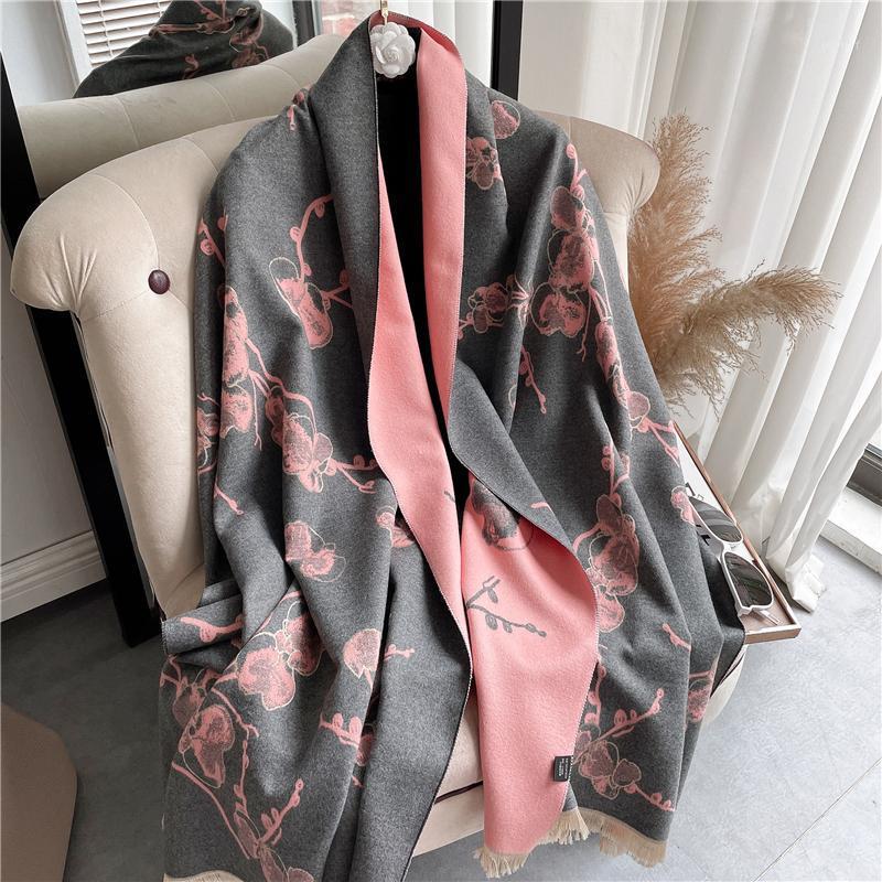 

Scarves Cashmere Scarf Hijab Women Floral Print Double-sided Pashmina Lady Shawl Wrap Fashion Thick Warm Female Blanket 2021, Blue;gray