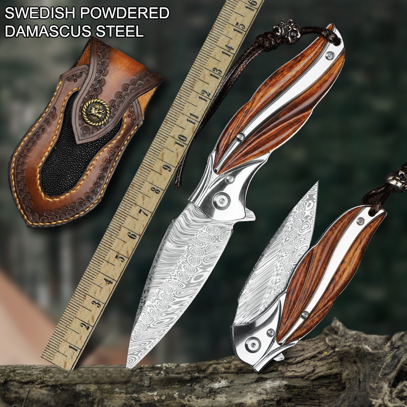 

High Hardness VG10 Damascus Steel Hunting Self Defense Camping Outdoor Fighting Survival Hiking Collection Multifunctional Wooden Handle Folding Knife EDC Tool