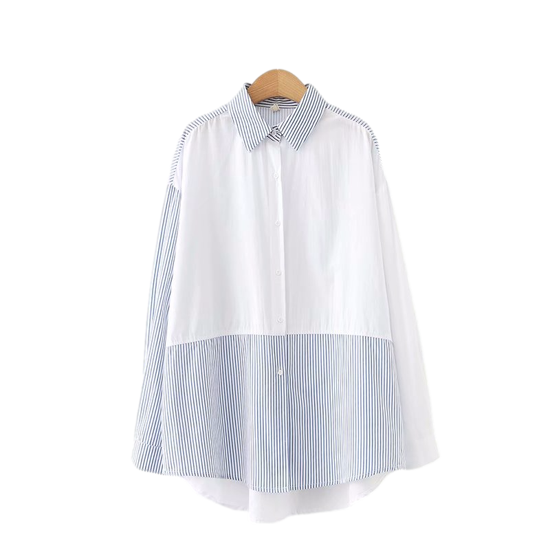 

Women's Blouses & Shirts ZXQJ Elegant Women Striped Patchwork 2021 Fashion Ladies Turn Down Collar Tops Streetwear Female Chic Loose, Blue
