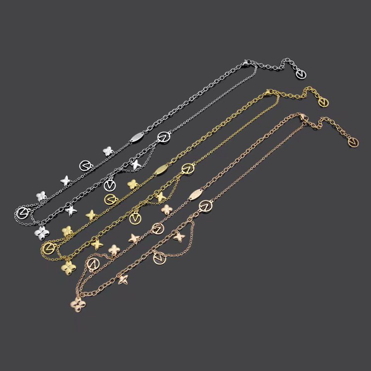 

Europe America Fashion Jewelry Sets Lady Women Titanium steel Hollow Out Flower V Initials Tassels Double Deck Necklac Bracelet Earrings M64855 M64858 M64859, No original box