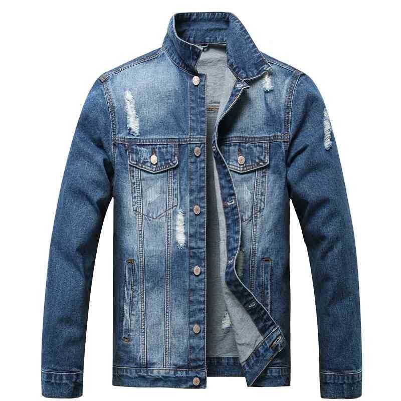 

Spring side seam insert denim cotton youth casual blue single breasted perforated jacket, Navy blue