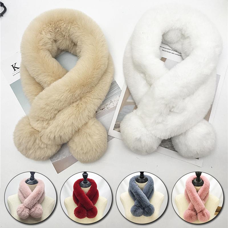 

Scarves Women's Plush Fur Ball Corss Winter Faux Scarf Warm Soft Neck Ring Warmer