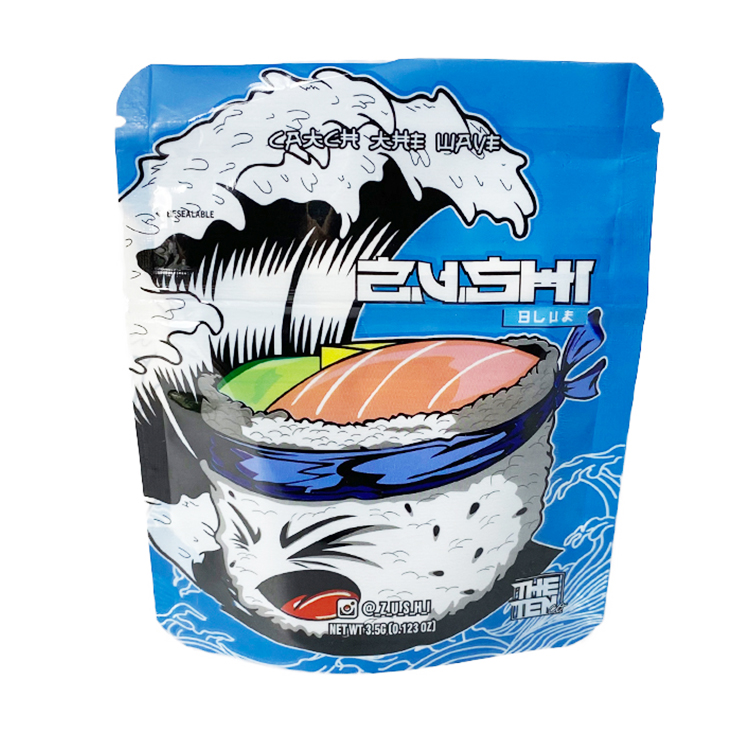 

Blue Zushi mylar bags 3.5 g stand up pouch hemp food snack packaging bag with child proof zipper Sushi print 4*5inch