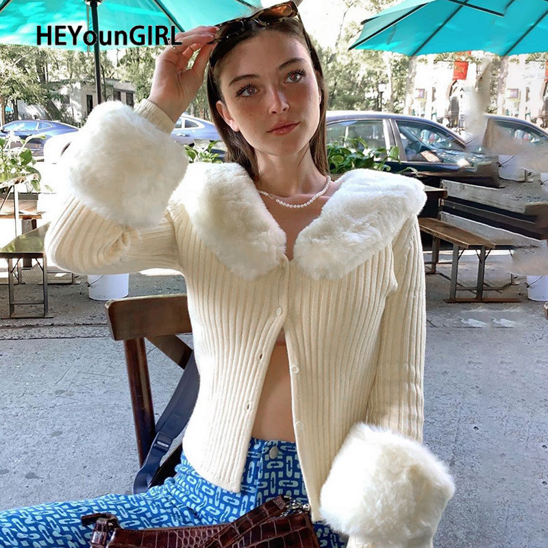 

HEYounGIRL Autumn Thin Furry Knitted Cardigan Sweater Women Vintage Elegant Chic Jumper Ladies Fashion Patchwork Knitwear Winter, Green