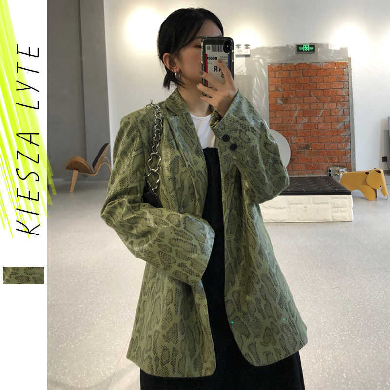 

Spring Women Suede Snake Print Suit Jacket Stylish Casual Chic Fashion Ladies Loose Jackets Outwear High Street 210608, Green