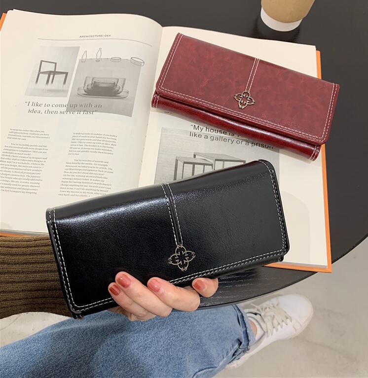 

Factory wholesale women handbag simple retro leather long wallet College style folding solid color clutch bag multifunctional Thread womens wallets, Black2(boutique box)