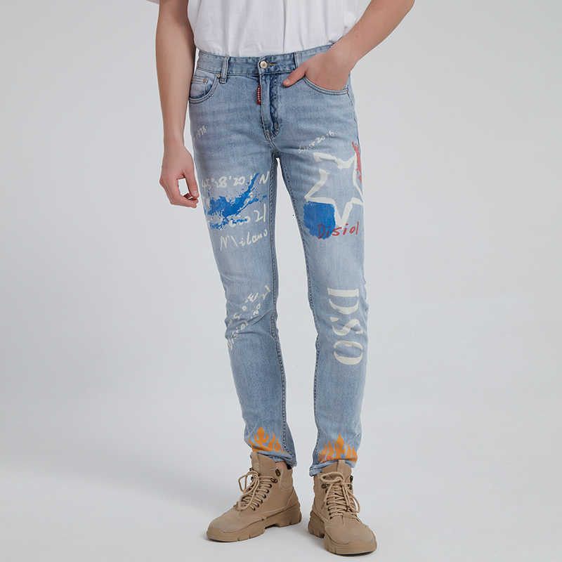 

American Streetwear Fashion Men Jeans Retro Light Blue Slim Fit Printed for Designer Hip Hop Trousers Denim Punk Pants