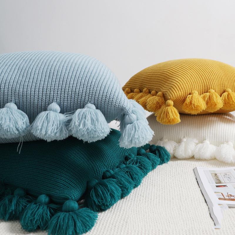 

Cushion/Decorative Pillow Pure Color Big Hanging Fringe Wool Knitted Pillowcase Crochet Tassel Cushion Nordic Style Retro Sofa Decorative Th, White
