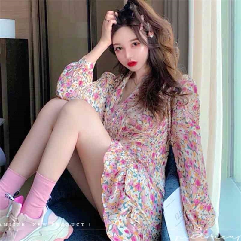 

Floral Print Dress Women Chiffon Vintage Retro Long Sleeve French Style Summer Autumn Clothes Korean Fairy 210519, As the picture