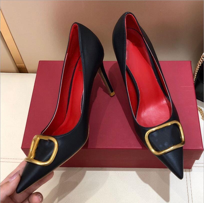

Luxury Designer Brand V Buckle Rivet Slippers High Heels Women Gladiator Sandal 2021 Fashion Pointed Shallow Wedding Dress Shoe Single S jWI, Black