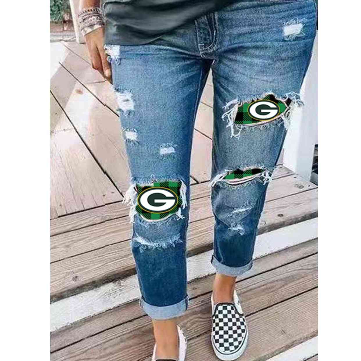 

jeans large women's autumn and winter hole leggings green letter printing trousers, Blue