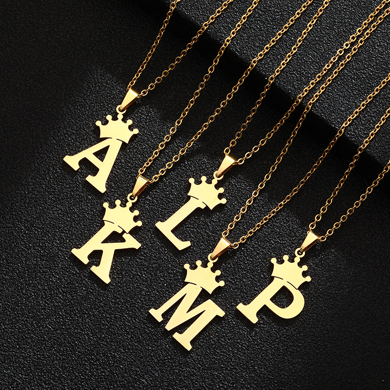 

26 Letter Initial Pendant Necklace Stainless Steel Gold Plating Crown Necklaces for Women Jewelry