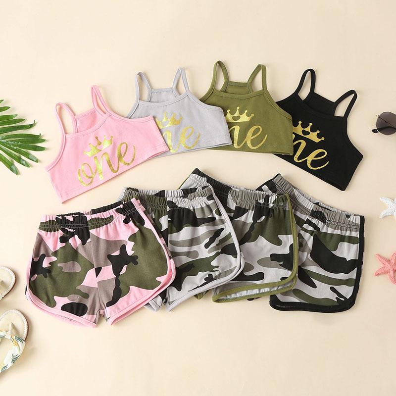 

kids Clothing Sets girls boys outfits infant toddler Letter printing sling Tops+Camouflage shorts 2pcs/set summer fashion Boutique baby clothes, White