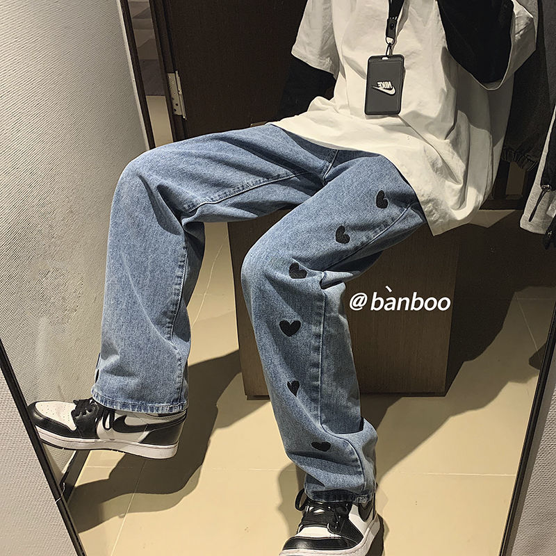 

Men's Jeans Baggy Homme Straight Pants love Printing Fashion Blue/black Casual Biker Denim Loose Trousers M-2XL 4MD4