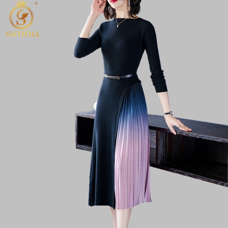 

Spring Women's Long-Sleeved Slim Knitted Patchwork Dress Gradient Pleated Sweater Dresses Vestidos 210520, Photo color