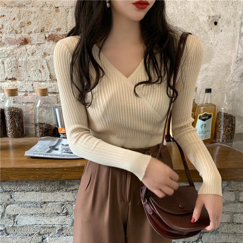 

Women's Sweaters 2022 Sexy Deep V Neck Sweater Pullover Casual Slim Bottoming Female Elastic Cotton Long Sleeve Tops Femme, White;black