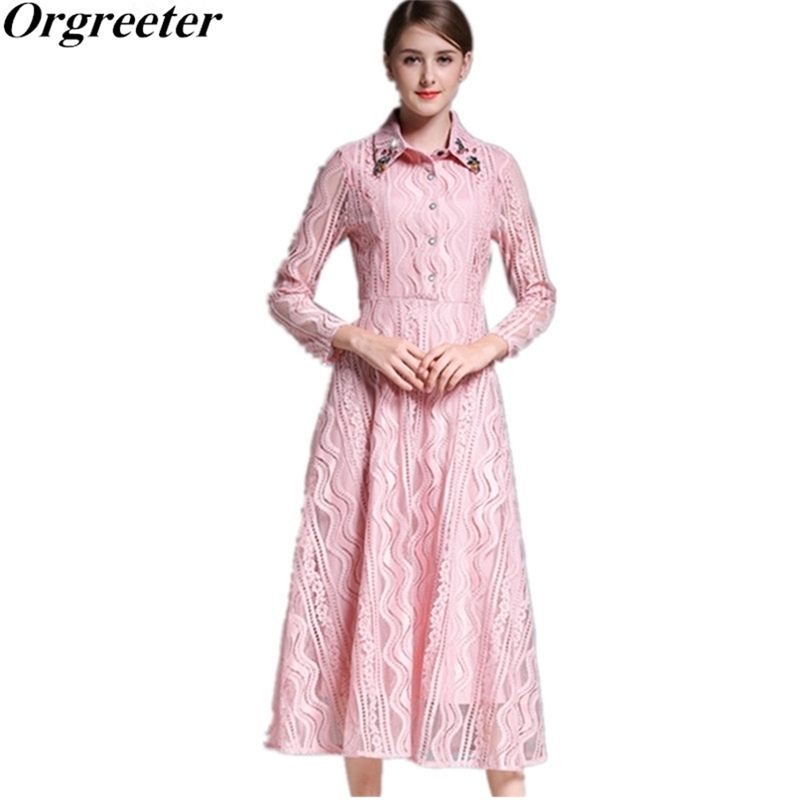 

Runway Casual Lace Dress Autumn est Women Nail beading Sexy Hollow Turn-down Collar Slim Big Swing Long 210602, Green