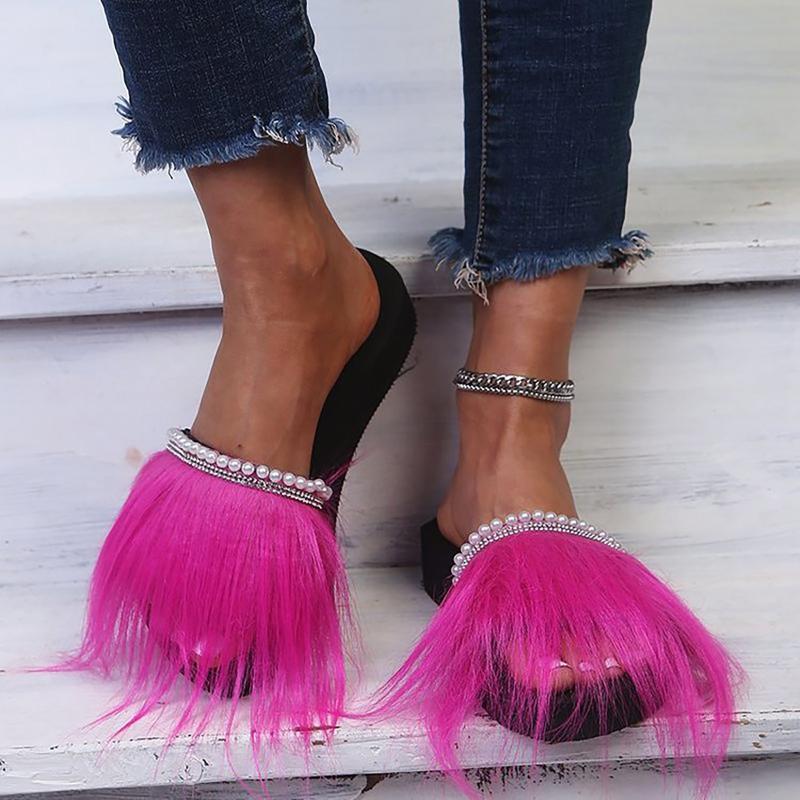 

Womens Pink Pearls Fur Slipper Platform Muffin High Wedge Heel Shoes Slides Slingback Flip Flops Rhinestones Slippers, Black