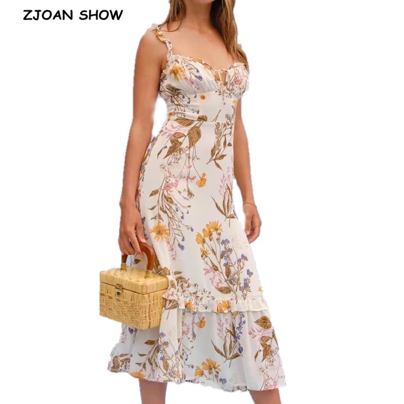

Casual Dresses French Women Dress Lacing up Wood ear Ruffles Collar Floral Print Spaghetti Strap Mid-Calf Fashion Female Clothes X