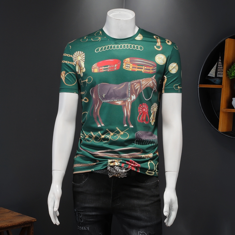 2021 spring and summer european station personality trend printing round neck slim tshirt shortsleeved mens fashion bottoming shirt tide-image-703155258