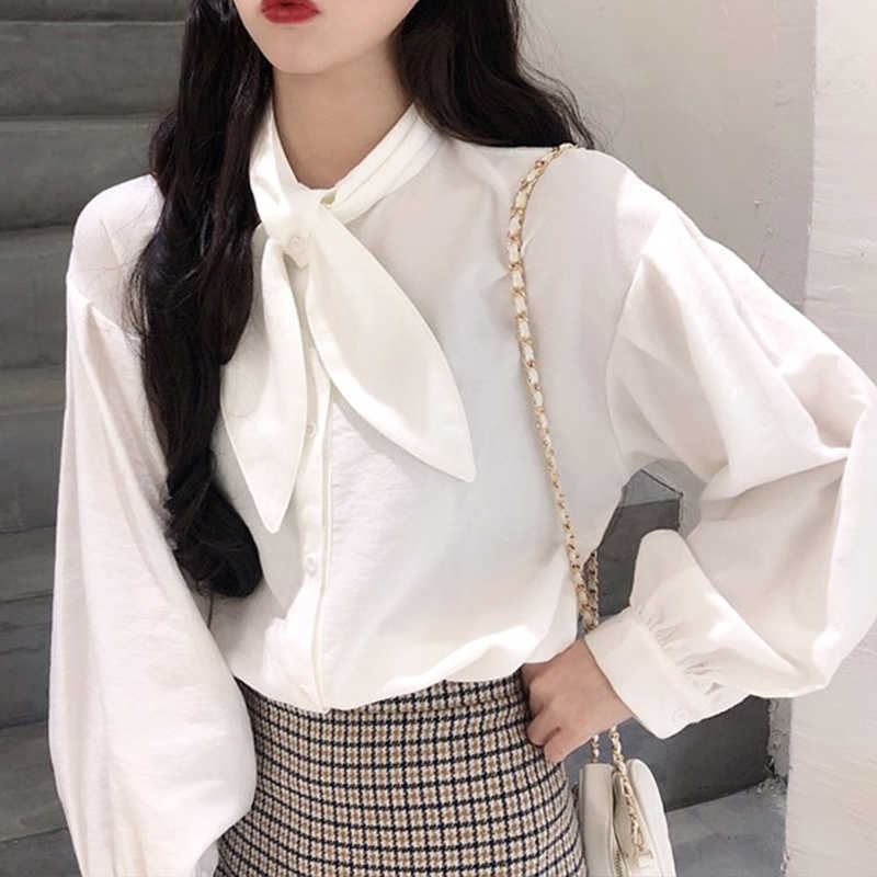 

Bow Korean Blouse Women Casual Solid Office Lady White Shirt Fashion Autumn Clothes Elegant Long Sleeve Female Work Tops 210604