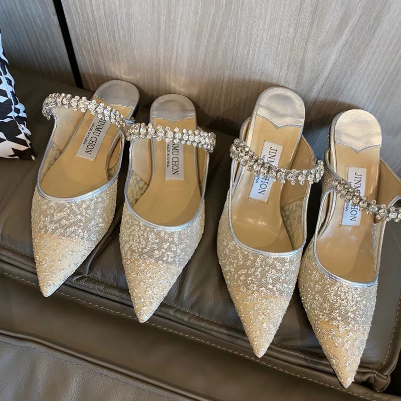 Sequin Rhinestone pointed high-heeled sandals women's spring and summer new shallow mouth single shoes banquet large