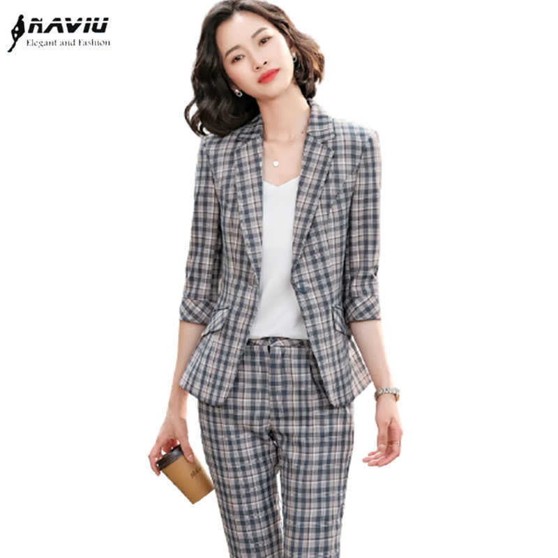 

Plaid Suit Spring Summer Casual Fashion Temperament Slim Blazer And Pants Office Ladies Work Wear 210604, Yellow plaid blazer