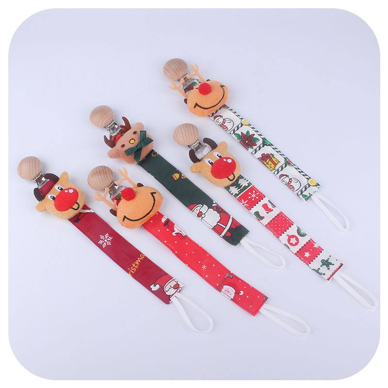 

Christmas Teethe Pacifier Holder Clip Soother Chain Baby Infant Kids Bead Ring Ribbon With Elk Snowflake Xmas Tree Nipple Teether DIY Cartoon Feeding Chew Toy