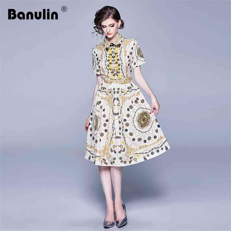 

Summer Fashion Runway Midi Dress Women's Elegant Short Sleeve Vintage Floral Print Pleated Vestidos Robe Femme 210603, Apricot