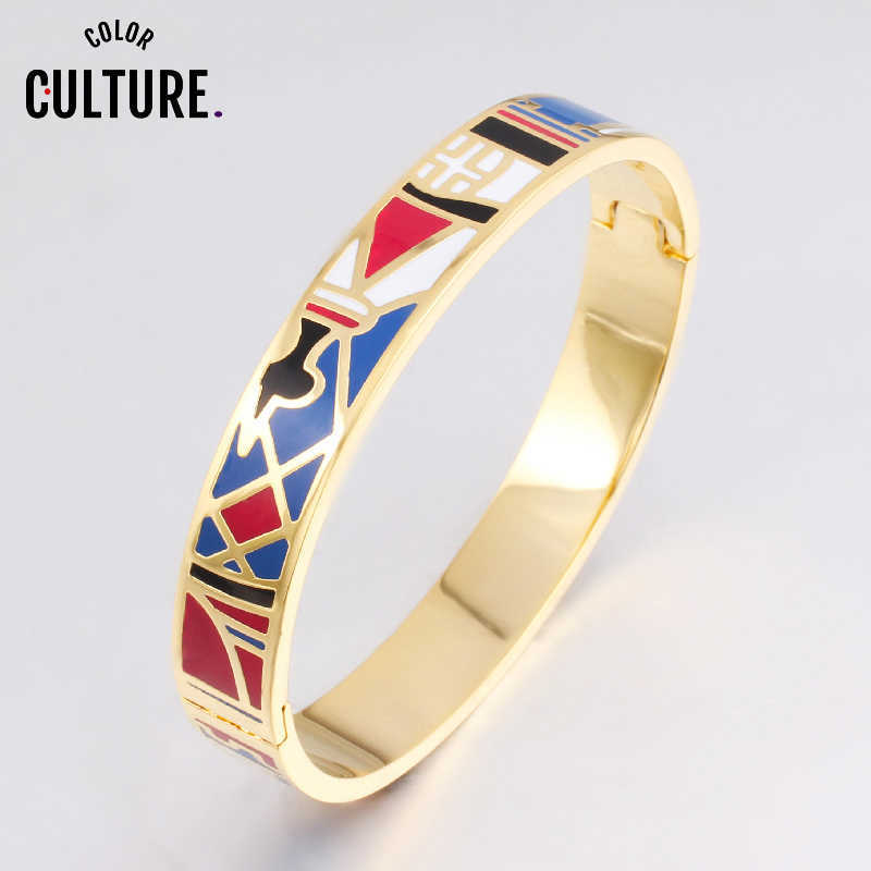 

New Fine Jewelry Color Design Pattern Gold Opening Enamel Bracelet Bangle for Women Stainless Steel Bangles Ethnic Jewelry Q0720