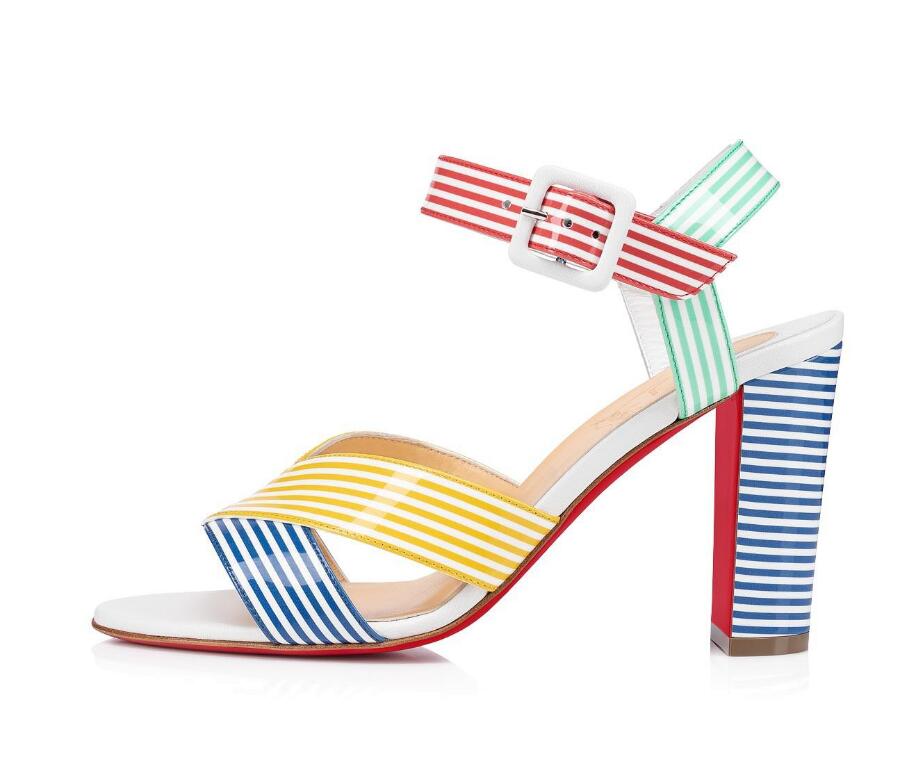 

21 Summer Famous brand woman sandal High Heels red bottom chunky heel,luxury women pumps redsoles shoes Palavas striped patent-leather sandals 85mm, Black