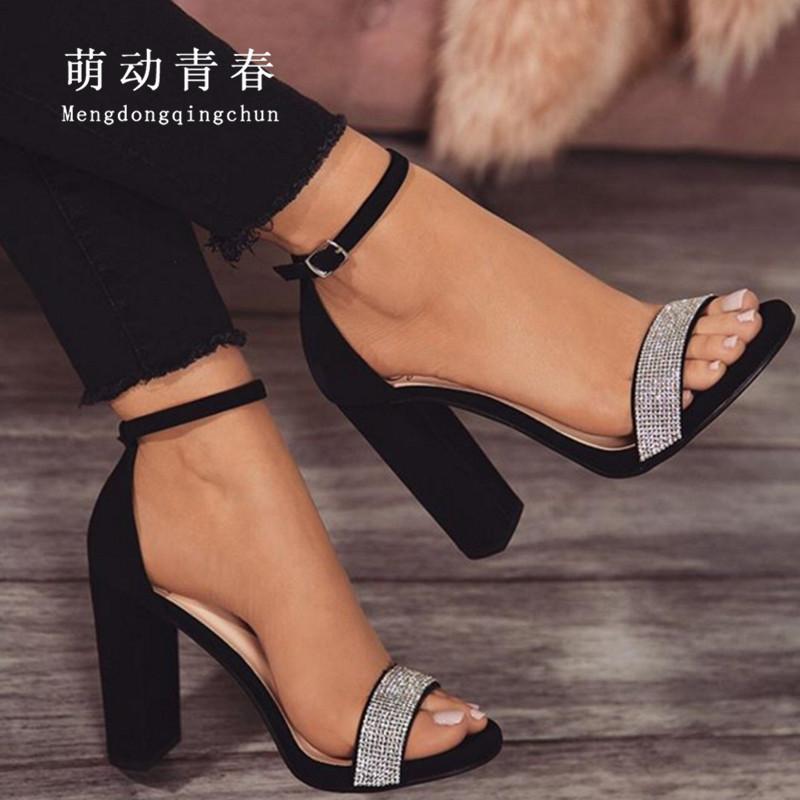 

Plus Size 35-42 Women's Sandals Sexy Crystal Rhinestones Open Toe Summer Pumps Zapatos Buckle Strap Chick Heels Female, Black