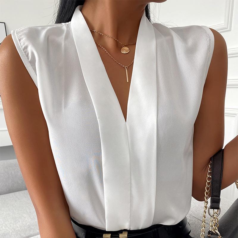 

Women' Blouses & Shirts 2021 Summer Sleeveless White Women Blouse Sexy V-neck Loose Basic All-match Female Elegant Fashion Office Lady Tops, Red
