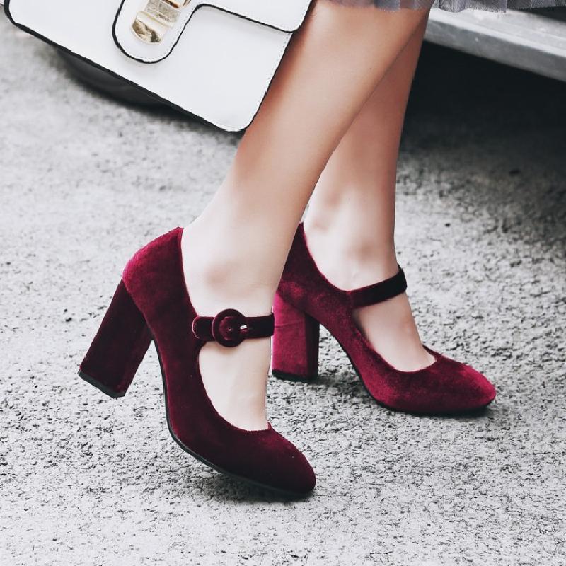 

Dress Shoes US4-11 Womens Velvet Round Toe Mary Janes High Block Chunky Heels Pumps Banquet Summer Black Green Red Plus Sz C406, Wine red