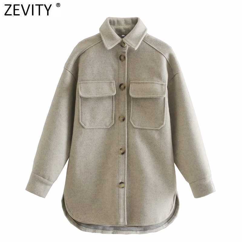 

ZEVITY Women Fashion Solid Color Breasted Casual Woolen Shirt Coat Female Chic Long Sleeve Outwear Jacket Pockets Tops CT617 210603, As pic ct617she