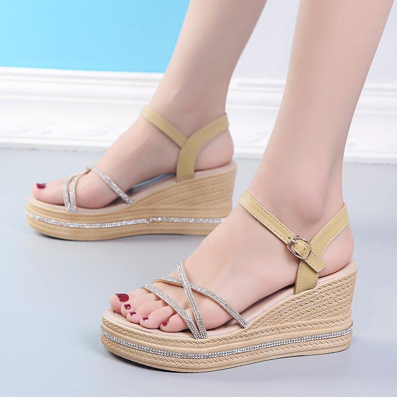 

Sandals 2021 Summer Casual Women's Thick-Soled Non-Slip Buckle Rhinestone Student Shoes Fairy Mujer Zapatos, Beige