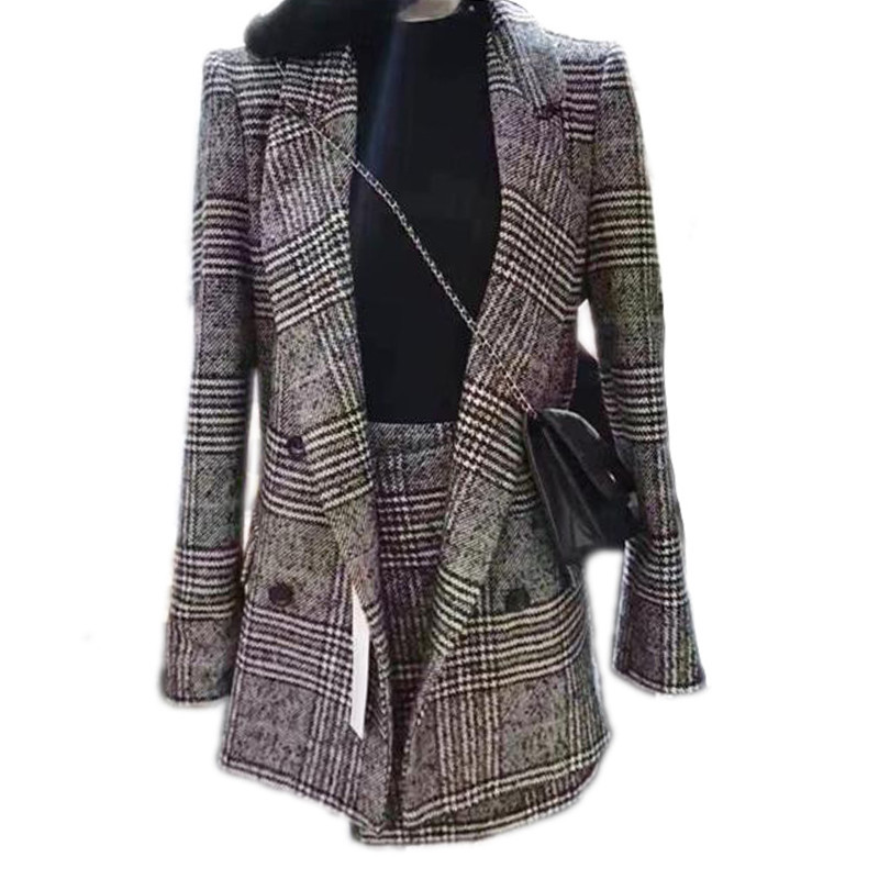 

Plaid Office Lady Jacket Skirt Two Sets Elegant Formal Warm Coat Top With Suit Winter Autumn Women' 210525, Picture color