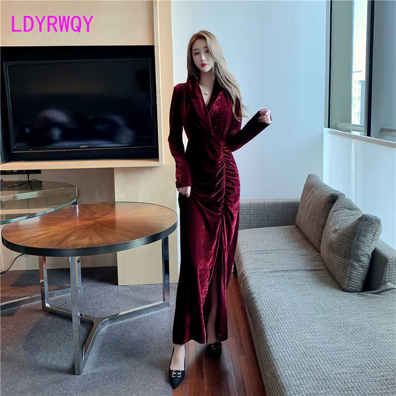 

wine red V-neck velvet dress female temperament Zippers Knee-Length Regular V-Neck Office Lady 210603, Burgundy