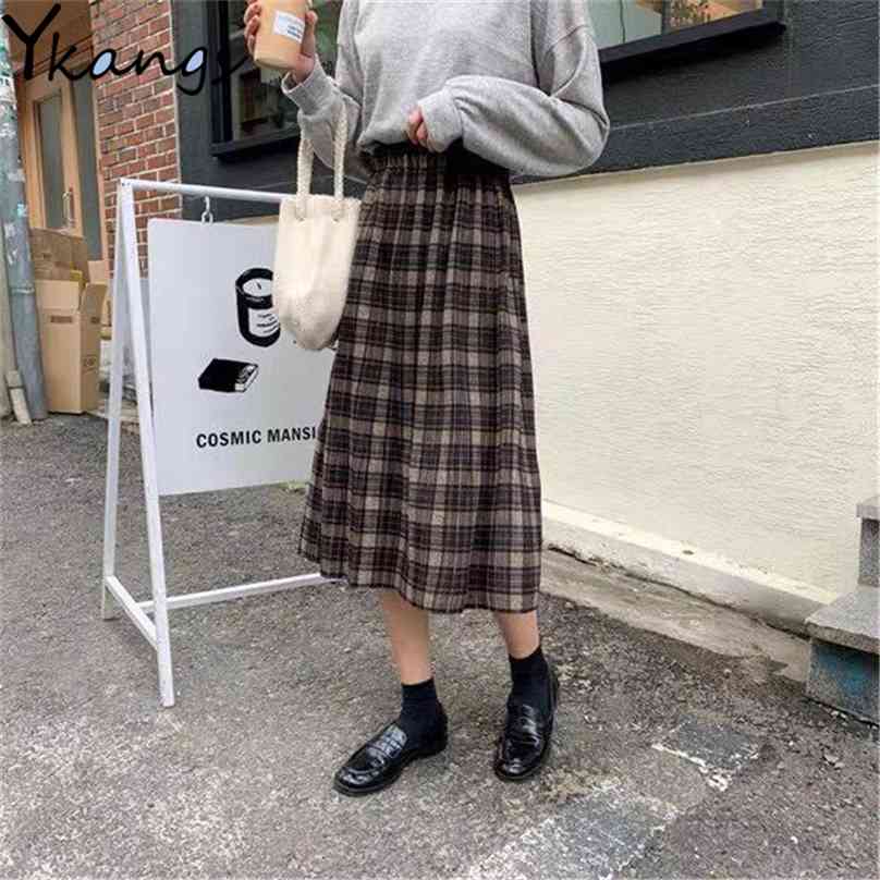 

Woolen Winter Plus Size 3XL pleated plaid skirts Women Warm Vintage Long Ladies Office Harajuku Midi Streetwear 210629, Black